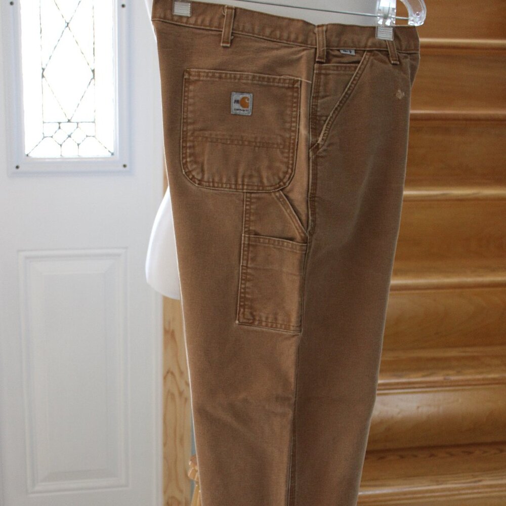 Carhartt Men Flame resistant Brown Canvas SZ 40x32.5 Stright Leg Flat Flaws